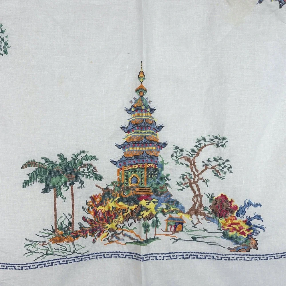 VTG Square Linen Tablecloth 48x48 Cross Stitch Embroidered White Pagoda Asian